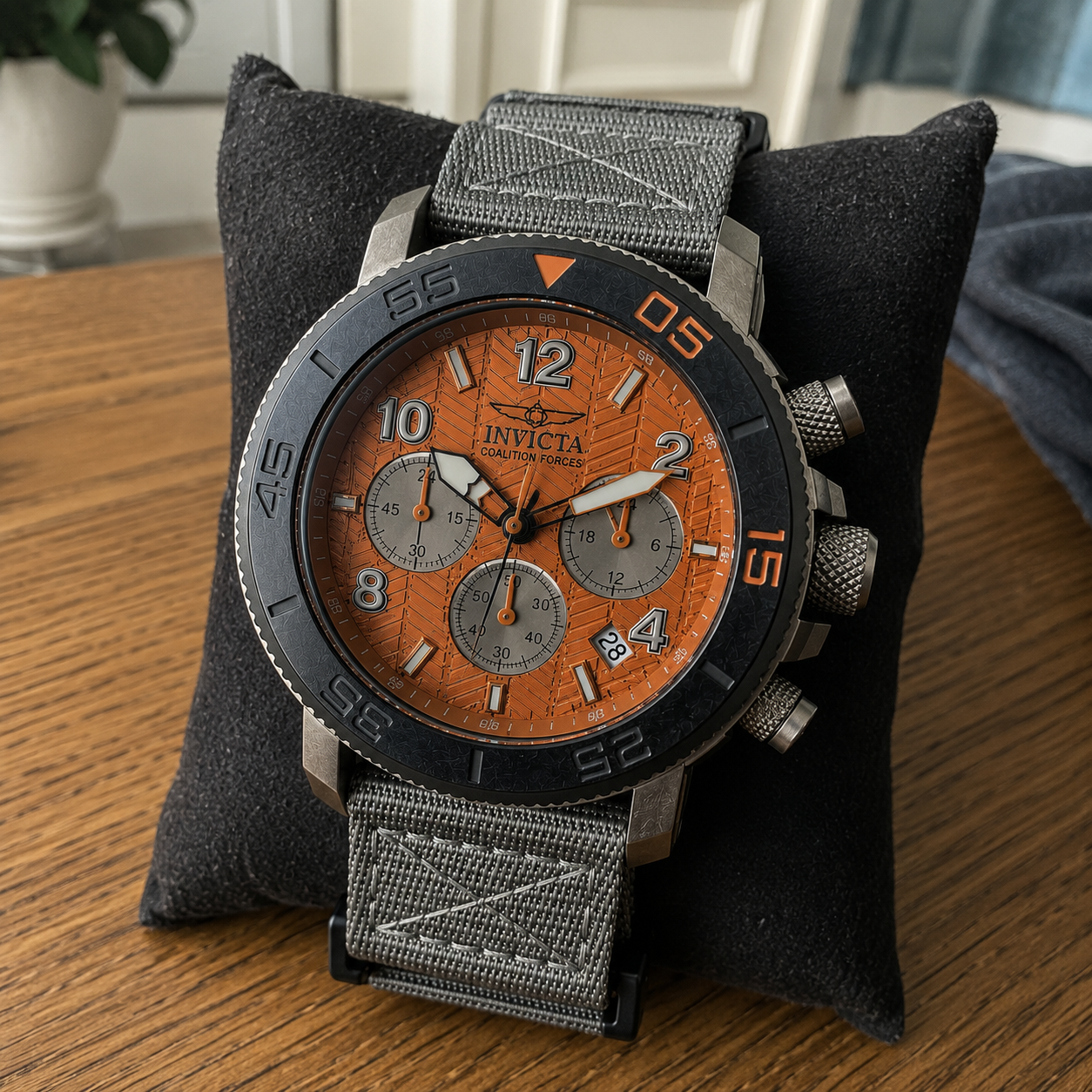 Invicta Coalition Forces Sovereign OPS 50mm Chronograph Watch Orange Dial Gray Strap Model 50094