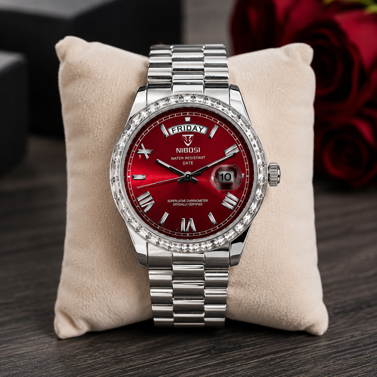 NIBOSI Red Sunburst Crystal Bezel Watch 40mm Stainless Steel Day-Date