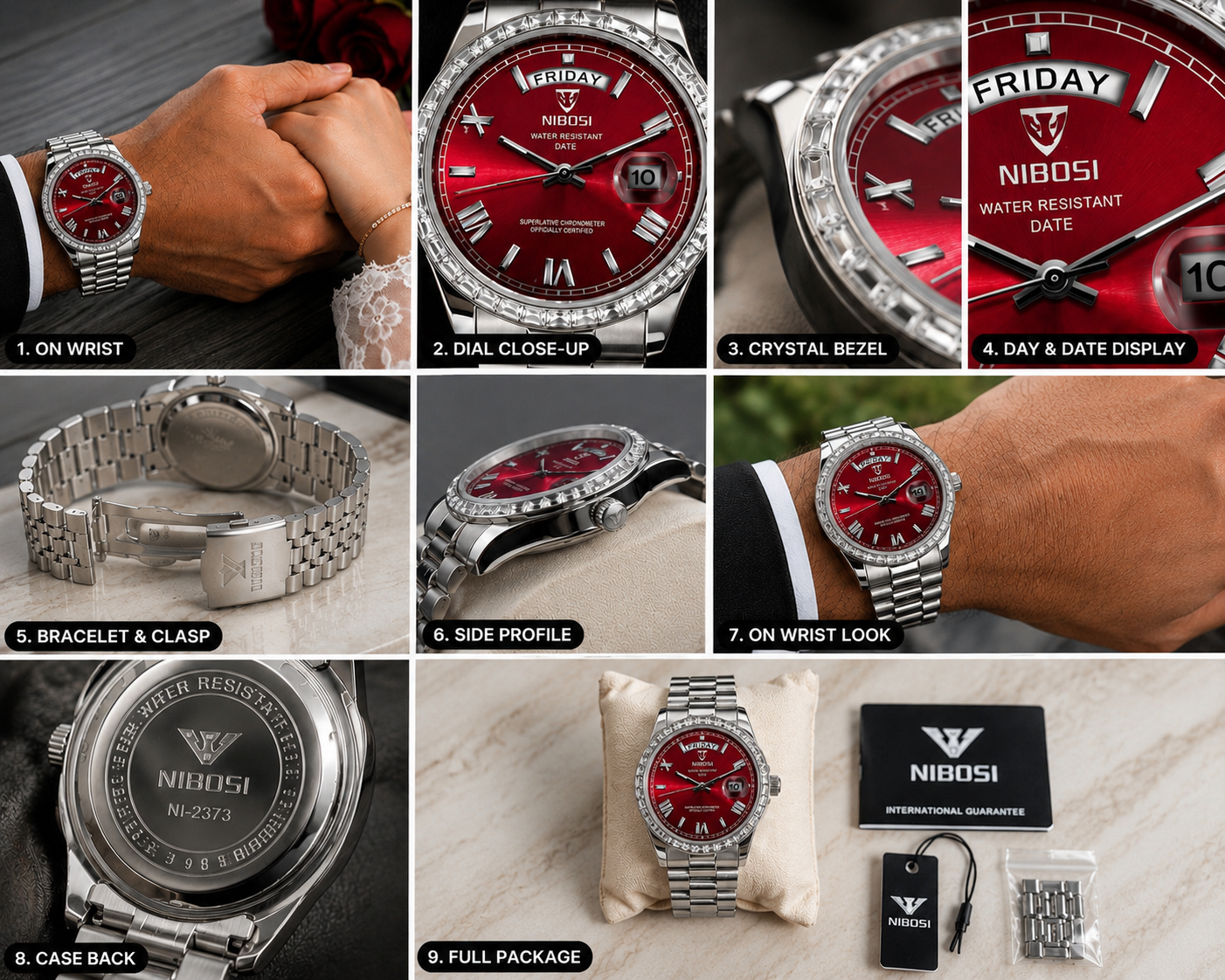 NIBOSI Red Sunburst Crystal Bezel Watch 40mm Stainless Steel Day-Date