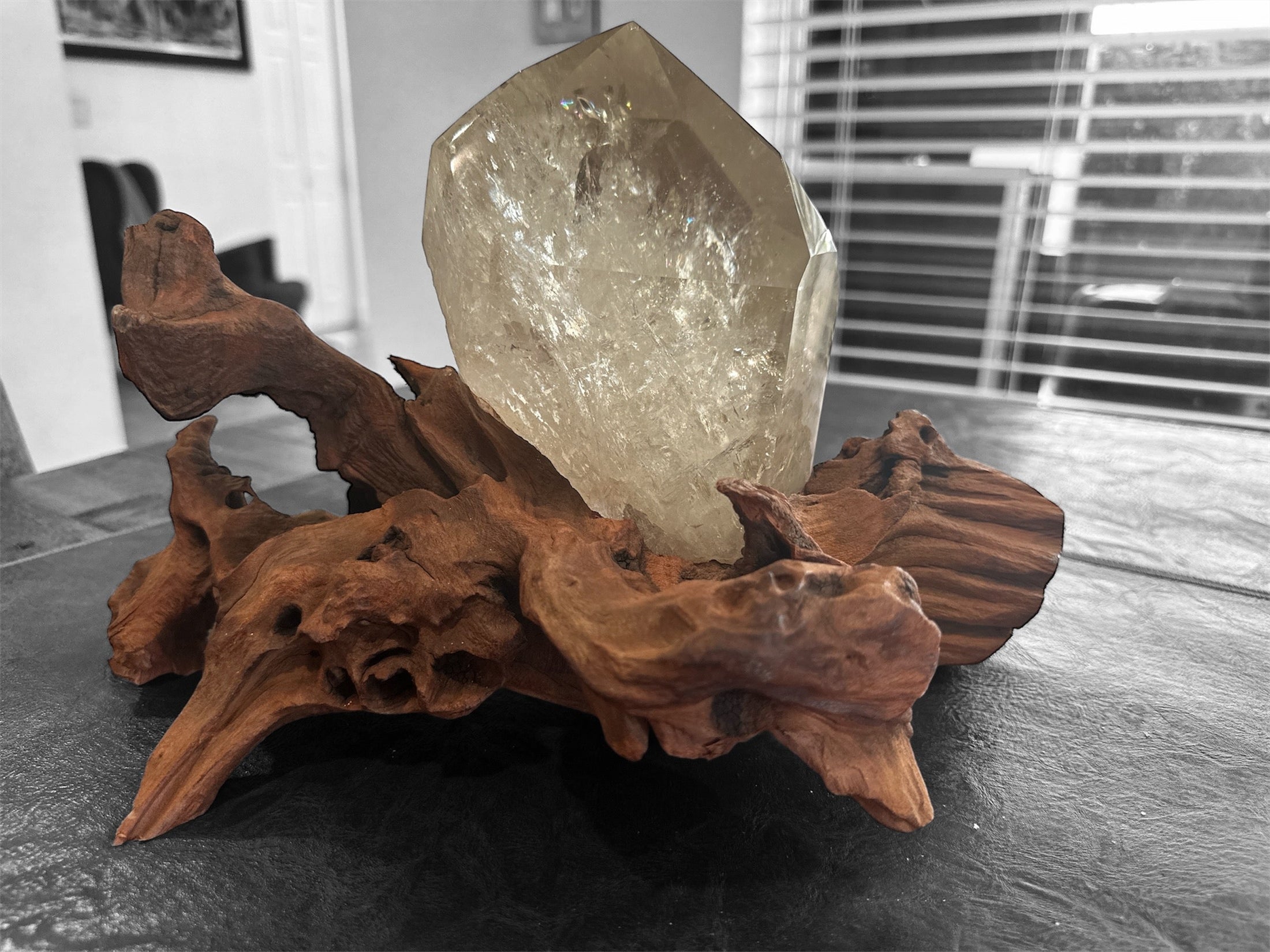 Quartz Statement Piece on Wood Stand - Smokey and Clear Quartz - BLUMA Wellness