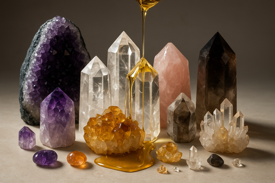Design an image of a high quality collection of crystals variety with collectible statement pieces and a mix of big and and small to have a balance. It need to look like a photography and show pouring oil over them.