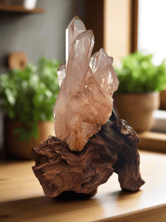 Handcrafted Red Clear Quartz Cluster on Wood Stand - BLUMA
