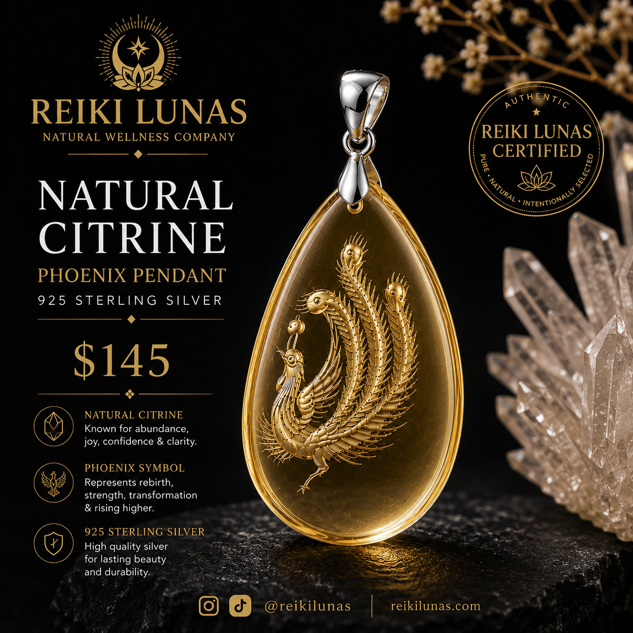 Natural Citrine Phoenix Pendant – 925 Sterling Silver - Bluma Wellness