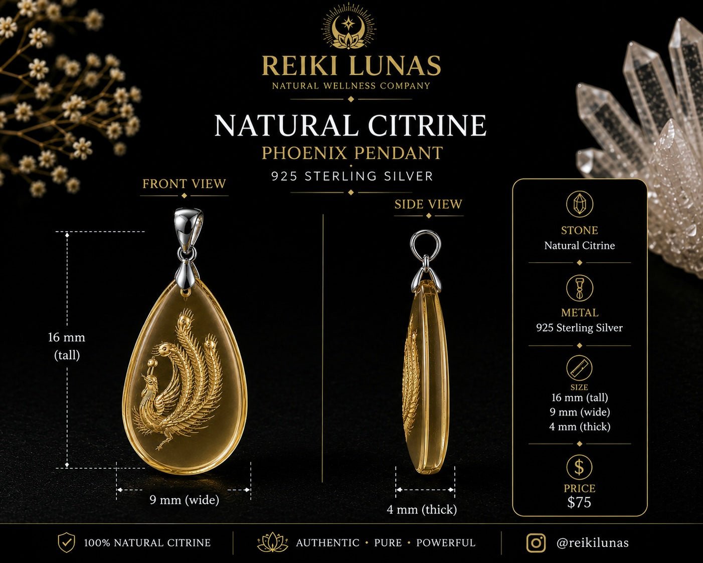 Natural Citrine Phoenix Pendant – 925 Sterling Silver - Bluma Wellness
