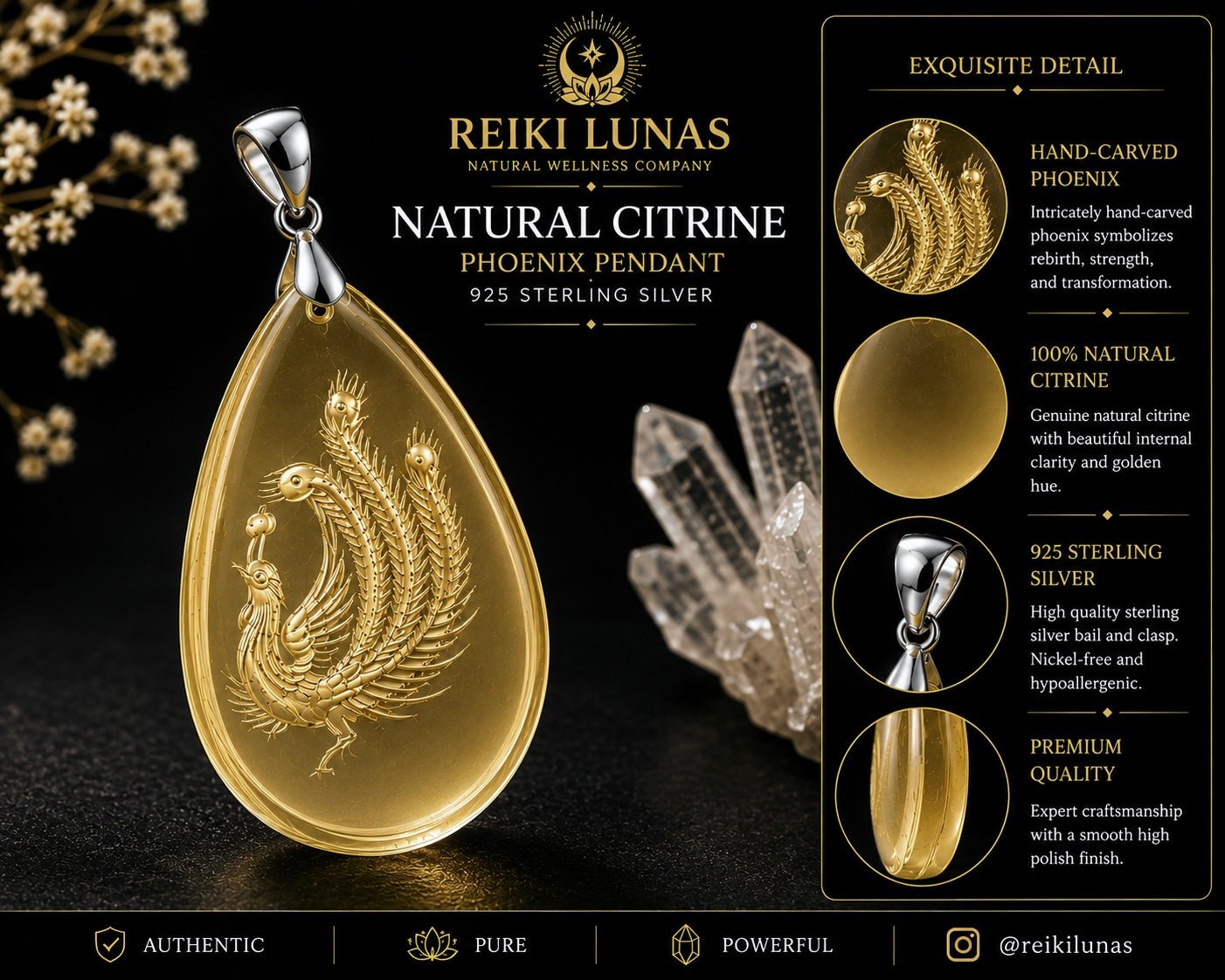 Natural Citrine Phoenix Pendant – 925 Sterling Silver - Bluma Wellness