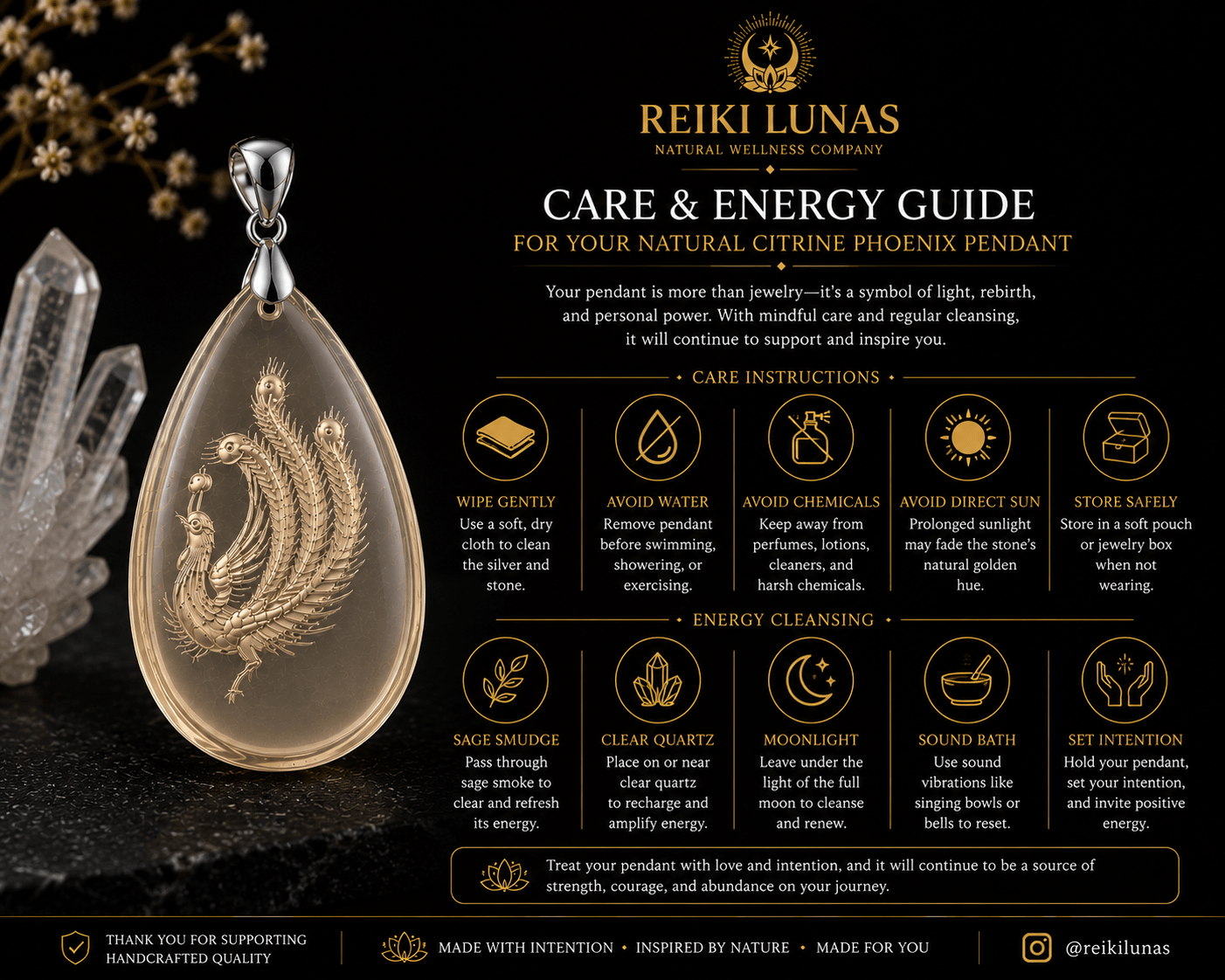 Natural Citrine Phoenix Pendant – 925 Sterling Silver - Bluma Wellness